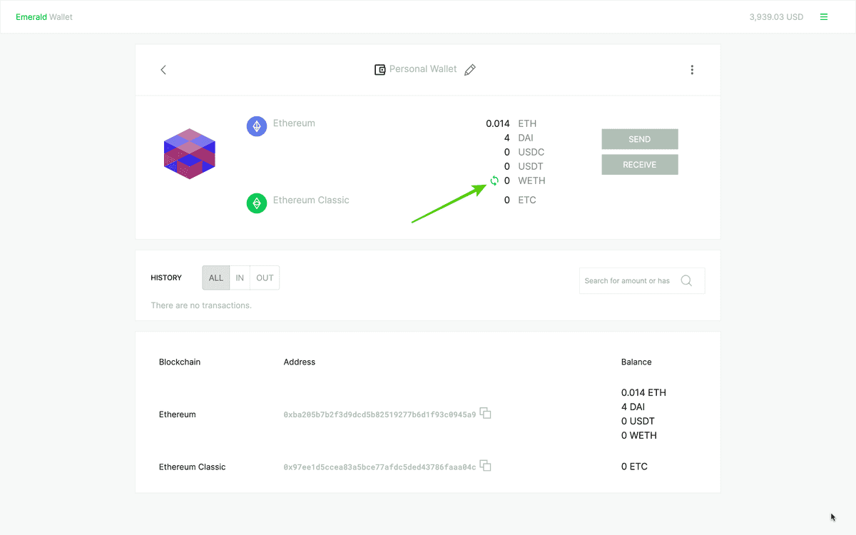 To use it click the WETH converter icon.