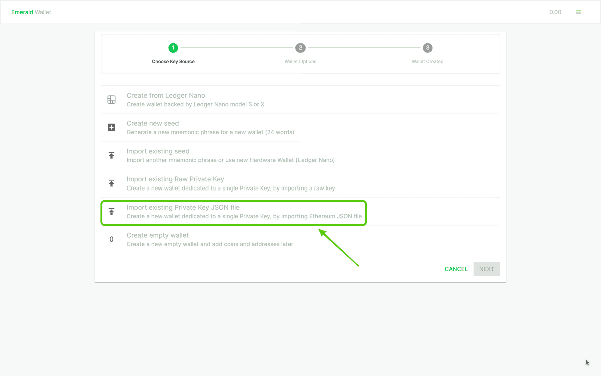 Select Import existing Private Key JSON file.