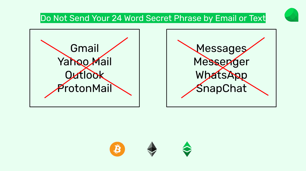 Do not send secret phrases by email nor text.
