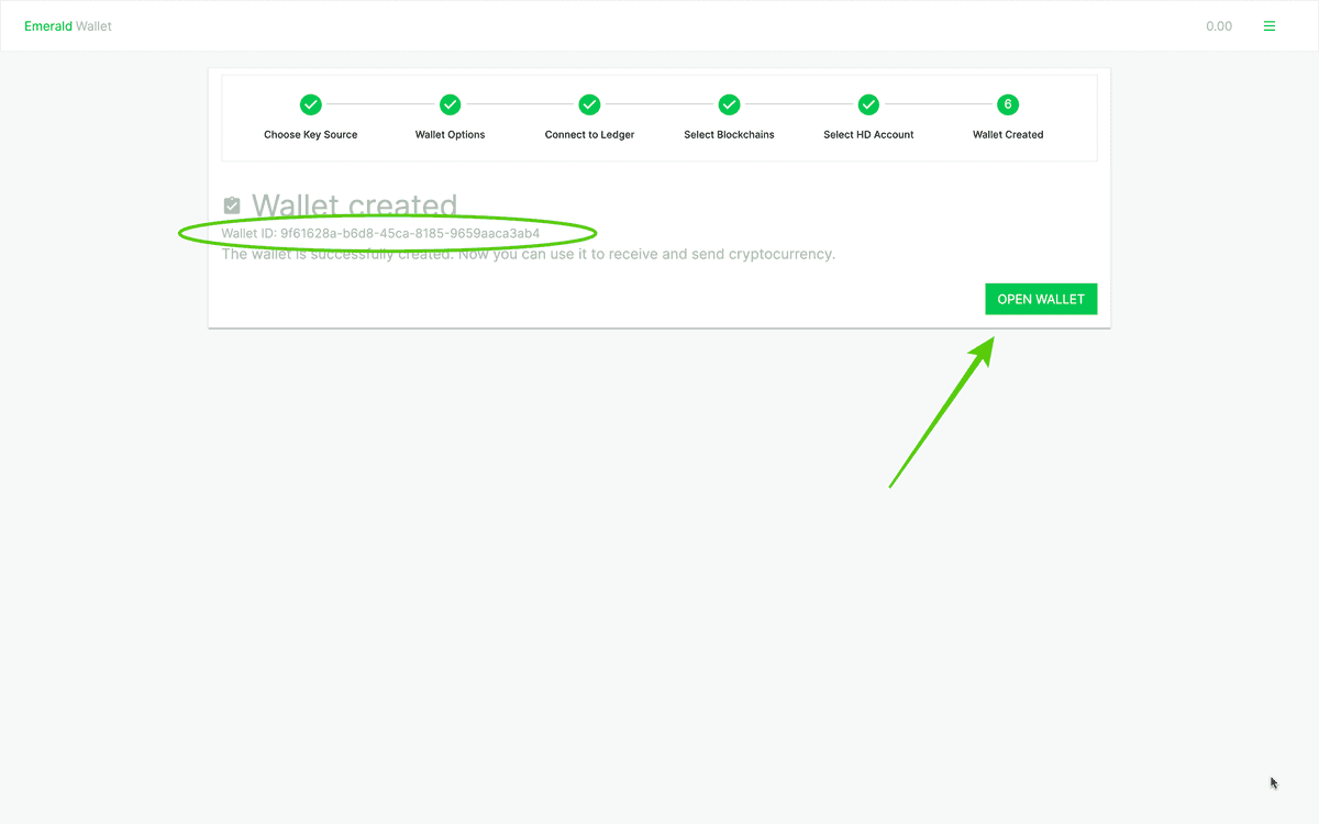Success! Your wallet using Ledger Nano has been created.