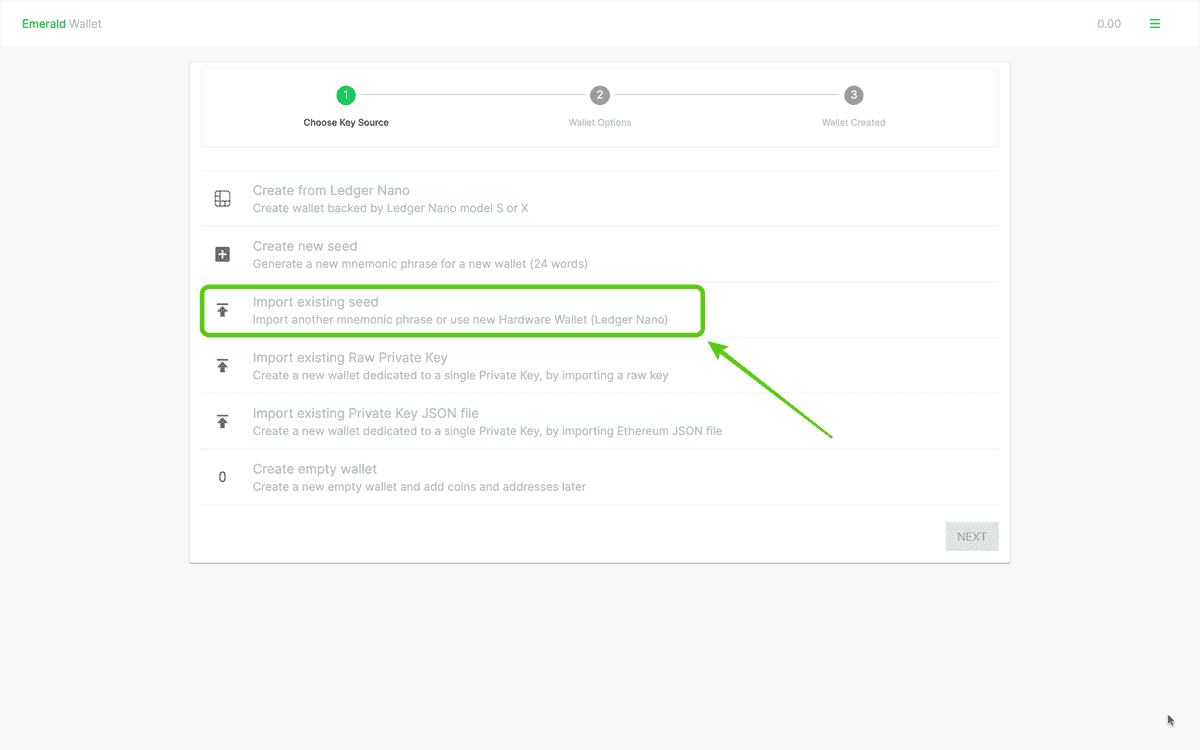 Select "Import existing seed".