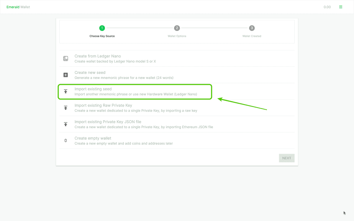 Select import existing seed.