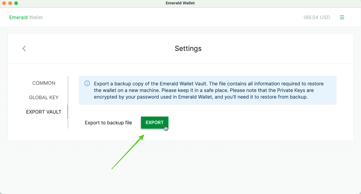 Export vault into the downloads folder.