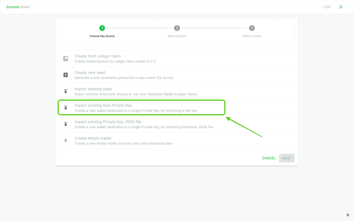 Select "Import existing Raw Private Key".